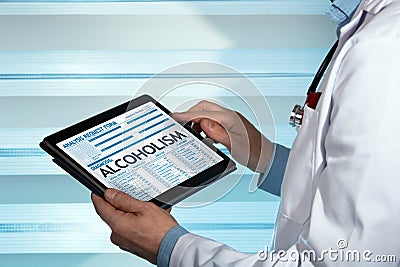 Addiction Specialist reading alcoholism diagnosis in digital med Stock Photo