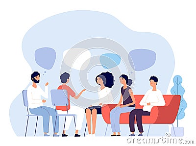 Addiction treatment concept. Group therapy, people counseling with psychologist, persons in psychotherapist sessions Vector Illustration