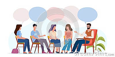 Addiction treatment concept. Group therapy, people counseling with psychologist, persons in psychotherapist sessions Vector Illustration