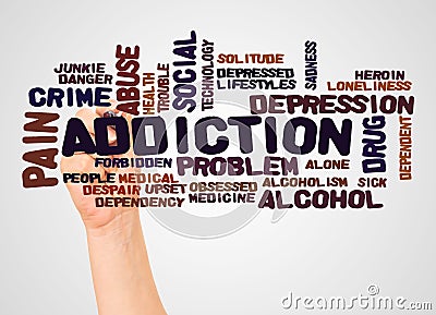 Addiction word cloud and hand with marker concept Stock Photo