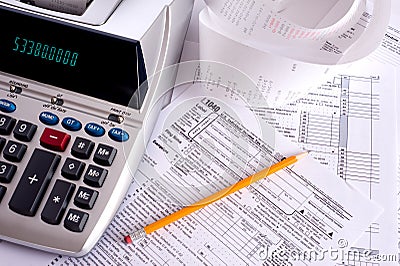 Adding Machine with tax forms Stock Photo