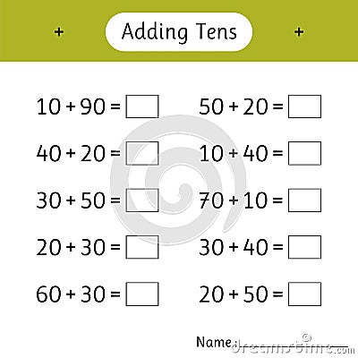 Adding Tens. School education. Mathematics. Development of logical thinking. Math worksheets for kids Vector Illustration