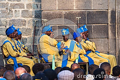 Addis Ababa, Ethiopia - Feb 04, 2020: Ethiopian priests at Miskaye Hizunan Medhanealem church in Addis Ababa Ethiopia Editorial Stock Photo