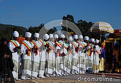 Addis Ababa, Ethiopia: Priests chanting prayers during Timkat, Epiphany celebration Editorial Stock Photo