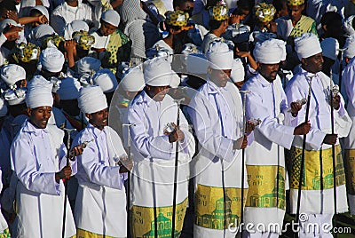 Addis Ababa, Ethiopia: Priests chanting prayers at Timkat, Epiphany celebrations. Editorial Stock Photo