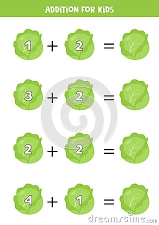 Addition with cartoon cabbage. Math game for kids Vector Illustration