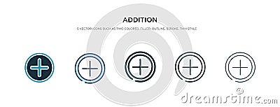 Addition icon in different style vector illustration. two colored and black addition vector icons designed in filled, outline, Vector Illustration