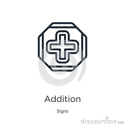 Addition icon. Thin linear addition outline icon isolated on white background from signs collection. Line vector addition sign, Vector Illustration