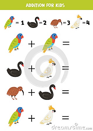 Addition for kids with different cute Australian birds. Stock Photo