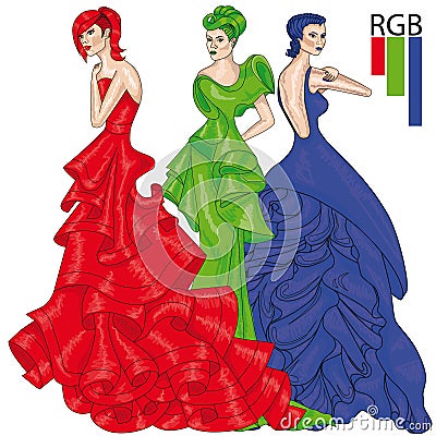 Additive color model RGB. Girls in long evening gowns. Fashion. Vector Illustration