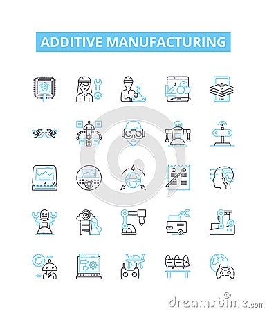 Additive manufacturing vector line icons set. 3D printing, Additive, Manufacturing, Rapid, Prototyping, Layer, STL Vector Illustration