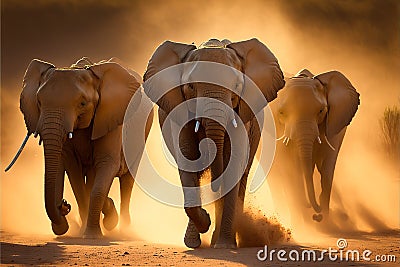 Young African elephants racing toward the water, stirring up dust in the late afternoon sun, AI generated Stock Photo