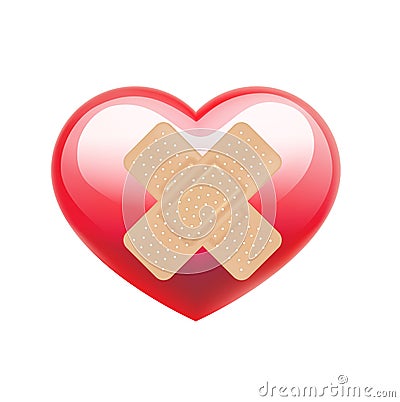 Adhesive bandage on red heart isolated Stock Photo