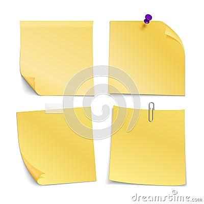 Adhesive blank notes stick with pin, clip and scotch. Vector set Vector Illustration