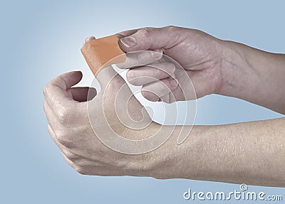 Adhesive Healing plaster on hand. Stock Photo
