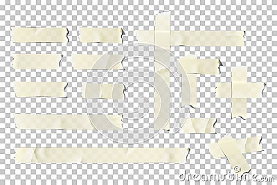 Adhesive or masking tape pieces set. Vector torn masking and adhesive tape parts isolated on transparent background. Vector Illustration