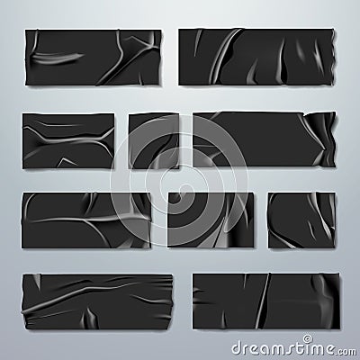 Adhesive or masking tape set. Black rubber insulating tape with folds with ripped edges on background. Fixation Vector Illustration