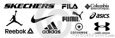 Adidas, Nike, Reebok, Asics, Jordan, Puma, Under Armour, Fila, Columbia, Skechers, Converse - logos of sports equipment and Vector Illustration