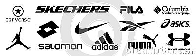 Adidas, Nike, Reebok, Asics, Jordan, Puma, Under Armour, Fila, Columbia, Skechers, Converse, Salomon, Lotto - logos of sports Vector Illustration