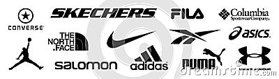 Adidas, Nike, Reebok, Asics, Jordan, Puma, Under Armour, Fila, Columbia, Skechers, Converse, Salomon, The north face - logos of Vector Illustration