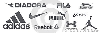 Adidas, Nike, Reebok, Asics, Jordan, Puma, Under Armour, Fila, Diadora, Slazenger - logos of sports equipment and sportswear Vector Illustration
