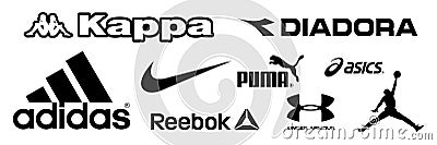 Adidas, Nike, Reebok, Asics, Jordan, Puma, Under Armour, Kappa, Diadora - logos of sports equipment and sportswear company. Kyiv, Vector Illustration