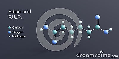 adipic acid molecule 3d rendering, flat molecular structure with chemical formula and atoms color coding Stock Photo