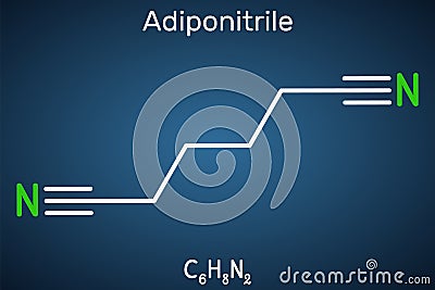 Adiponitrile molecule. It is precursor to the polymer nylon 66. Structural chemical formula on the dark blue background. Vector Vector Illustration