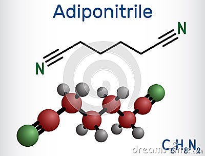 Adiponitrile molecule. It is precursor to the polymer nylon 66. Structural chemical formula and molecule model. Vector Vector Illustration