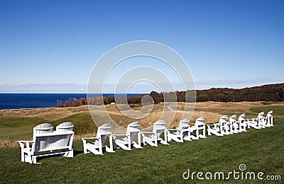 Adirondack chairs on Michigan golf course. Stock Photo