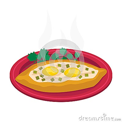 Adjarian khachapuri. Boat-shaped bread pie stuffed with cheese, butter and egg yolk. Vector Illustration