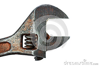 Adjustable wrench. Plumbing work in construction. Tool for work. Close-up. Isolated background. Stock Photo