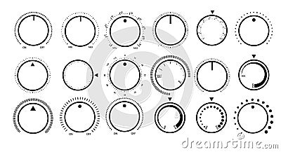 Adjustment dial. Rotary dials with round scale volume level knob and round controller Vector Illustration
