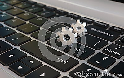 Adjustments, options, preferences, settings 3d icon, cogwheels on laptop keyboard 3d rendering Cartoon Illustration