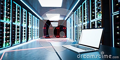 Admin computer in network server room or data center Cartoon Illustration