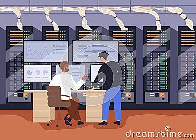 Administration of big data, work at multiple-screen computer in server room. Maintenance, support of cybersecurity and Vector Illustration