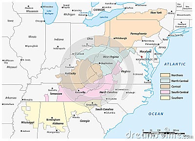 Administrative map of the Appalachia region in the eastern United States Vector Illustration