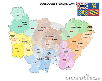 Administrative map of the new french region Bourgogne-Franche-Comte Vector Illustration
