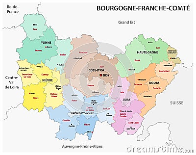 Administrative map of the new french region Bourgogne-Franche-Comte Vector Illustration