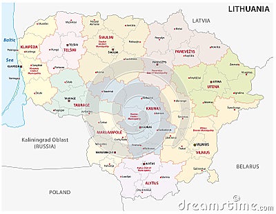 Administrative and political map of the Baltic republic of Lithuania Vector Illustration