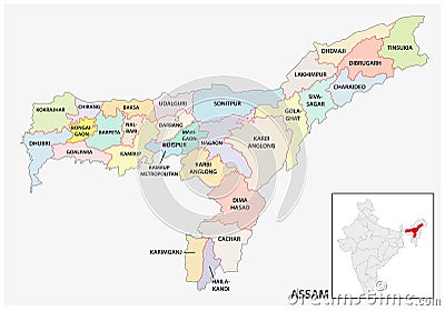 Administrative and political map of indian state of Assam, india Vector Illustration