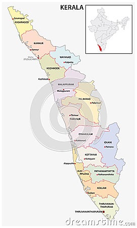Administrative and political map of indian state of kerala, india Vector Illustration