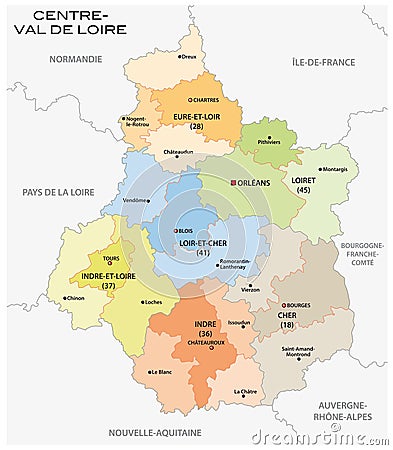 Administrative and political map of the region Centre Val de Loire france Vector Illustration