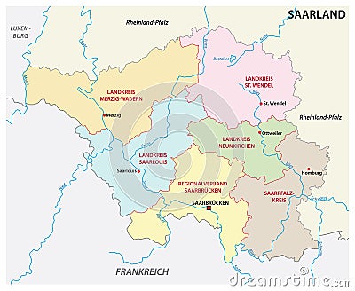 Administrative and political map of the state of Saarland in german language Vector Illustration