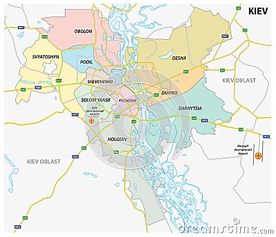 Administrative, political and roadmap of the Ukrainian capital Kiev Vector Illustration