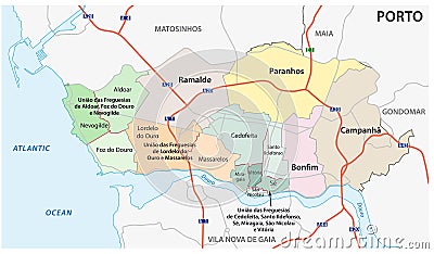 Administrative, political and street map of the Portuguese city of Porto Vector Illustration