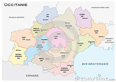 Administrative and political vector map of the occitanie region, france Vector Illustration