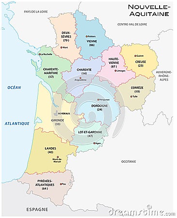 Administrative and political vector map of the region Nouvelle-Aquitaine, France Vector Illustration