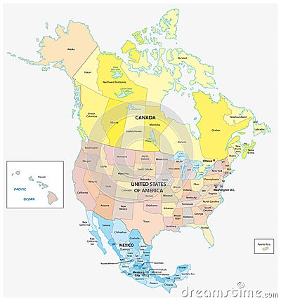 Administrative and political vector map of the three North American states, Mexico, Canada and the United States of America Vector Illustration