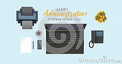 Administrative Professionals Day concept. Desk illustration on blue background. Stock Photo